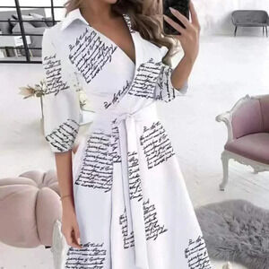 Fashion Long Sleeve V-Neck SHAPED Retro MCM Writing Printed Wrap Midi Dress